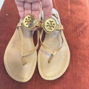 Tory Burch Gold Logo Tan Sandals